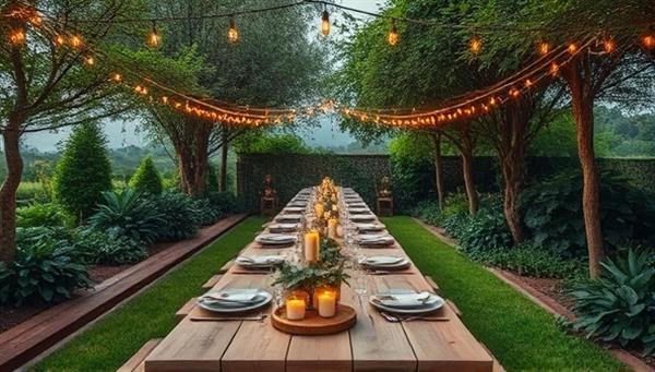 An outdoor dining setup in a lush green setting with a long wooden table adorned with rustic decorations, surrounded by hanging fairy lights and candles, exuding a cozy and sustainable dining ambiance.