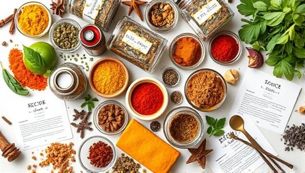 An artistic arrangement of vibrant spices and herbs in glass jars and bowls, accompanied by recipe cards and blending tools, illustrating the artistry and creativity behind the artisanal spice blending kits for culinary enthusiasts and home cooks.