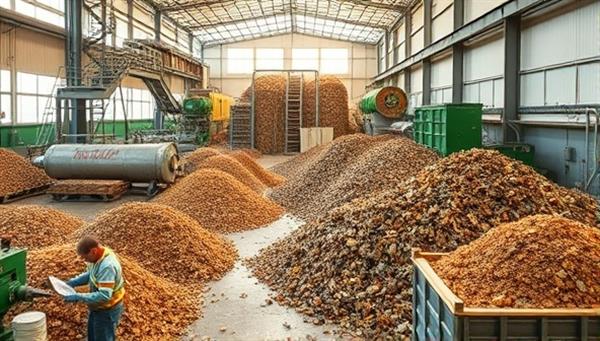 An innovative recycling facility transforming agricultural waste into compost and biofuels, with workers operating machinery and sorting materials, creating a sustainable and eco-friendly production environment in the agriculture industry.