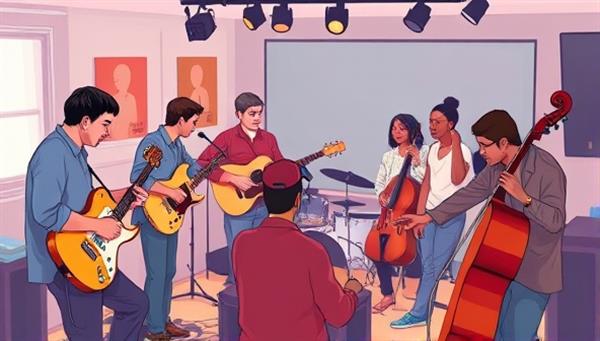 An artistic digital illustration of a diverse group of musicians and mentors gathered in a virtual music studio, jamming together and exchanging musical ideas, reflecting a collaborative and supportive music community.