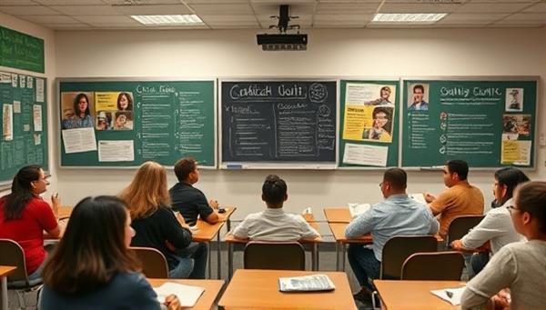 An immersive online classroom setting with diverse students engaging in lively discussions on civic topics, surrounded by digital chalkboards filled with educational content, evoking a collaborative learning environment.