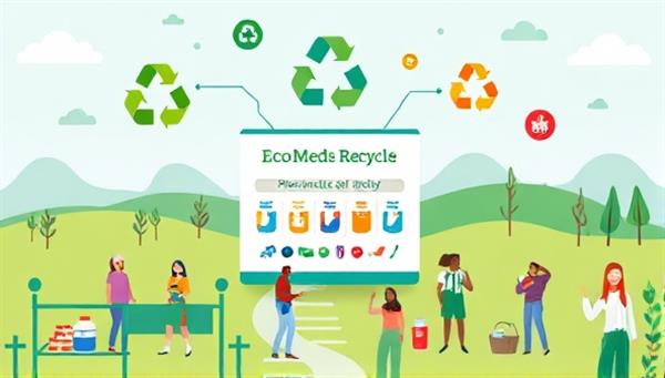 A vibrant illustration depicting the EcoMeds Recycle platform facilitating the collection and recycling of pharmaceutical waste, with colorful recycling symbols, green landscapes, and diverse individuals participating in eco-friendly waste disposal practices, promoting a sustainable and responsible approach to medication waste management.