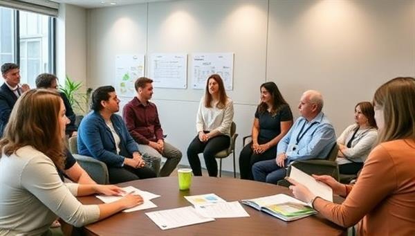 An engaging workshop setting with employees participating in a financial wellness seminar, interacting with financial planners, charts, and educational materials, featuring a collaborative and informative environment fostering financial learning and empowerment among employees.