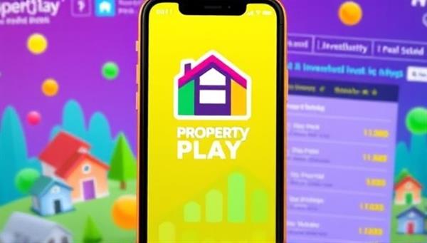 A vibrant and engaging mobile app interface displaying the PropertyPlay game logo, with colorful property icons, investment charts, and leaderboard rankings, creating a dynamic and interactive gaming experience for users interested in real estate investing.