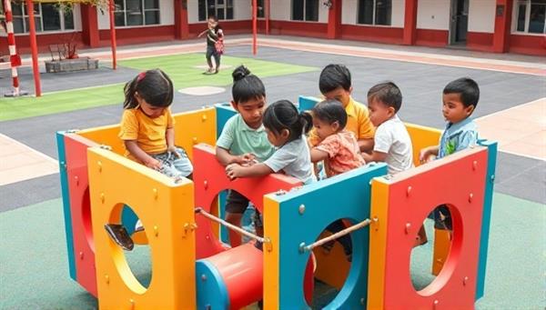 A diverse group of children playing and learning together on a colorful and interactive modular play structure in a school playground.