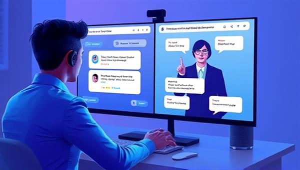 A visualization of a job seeker engaging in a virtual interview coaching session with an expert, receiving feedback and tips on a split-screen interface, showcasing a dynamic and interactive preparation process for job interviews.