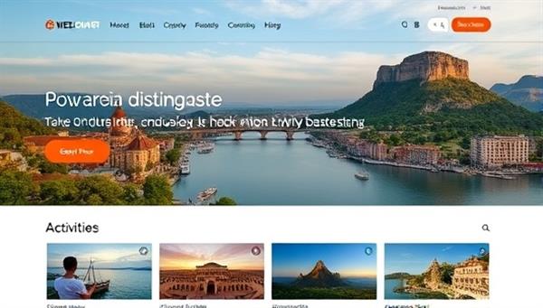 A sleek and modern website interface showcasing diverse travel destinations, with a virtual concierge avatar assisting a traveler in selecting activities, creating a sense of personalization and efficiency.