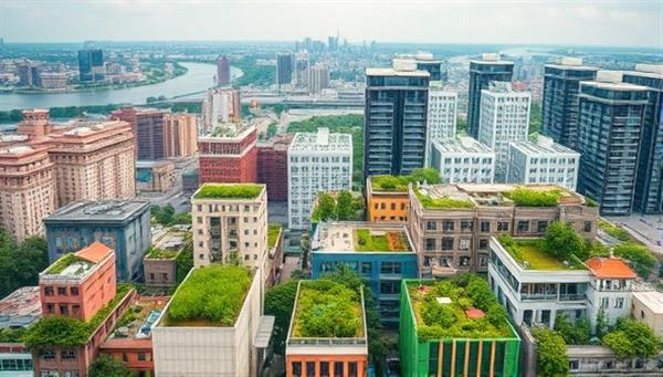 An urban landscape transformed into a sustainable city with green rooftops, renewable energy sources, and efficient public transportation, illustrating the concept of eco-friendly urban development and sustainable living.