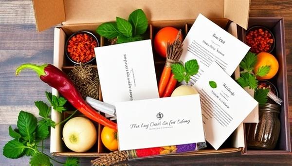 An enticing image of a beautifully arranged culinary subscription box filled with colorful spices, fresh produce, recipe cards, and a personalized note, creating a sense of excitement and anticipation for the culinary journey ahead.