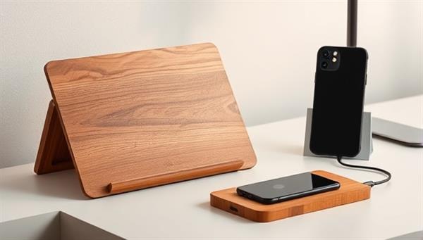 An artistic composition featuring a wooden laptop stand, phone case, and wireless charger arranged on a minimalist desk setup, highlighting the blend of natural elegance and tech functionality in the accessories.