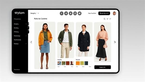 A sleek and modern virtual styling platform interface displaying various outfit suggestions, color palettes, and accessory recommendations tailored to different user profiles, creating a personalized and stylish digital experience.