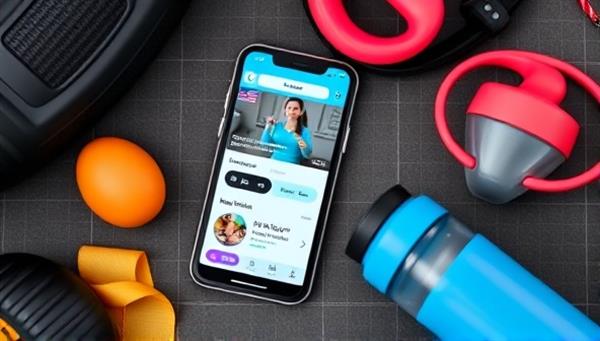 A smartphone displaying a fitness app interface with workout videos, progress tracking charts, and motivational quotes, surrounded by workout equipment and a water bottle, promoting a healthy and active lifestyle.