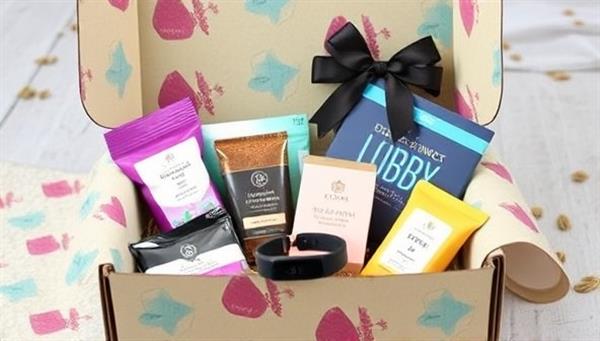 An elegant and vibrant subscription box filled with colorful health products like herbal teas, protein bars, yoga accessories, and a motivational fitness tracker, symbolizing a holistic approach to well-being.