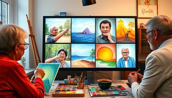 An online art class session with a group of seniors painting together virtually, each with their unique artwork displayed on the screen, surrounded by colorful palettes, brushes, and a warm and inviting atmosphere, symbolizing creativity and togetherness.