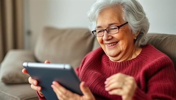 An elderly person smiling while interacting with a tablet displaying the CareGuard app, with heart rate and activity data visible on the screen, illustrating ease of use and peace of mind for families.