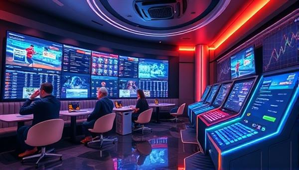 A futuristic lounge setting with AI-powered betting terminals, digital screens displaying real-time sports data and predictive analytics, customers receiving personalized betting recommendations from AI algorithms, highlighting the advanced technology and data-driven approach of SmartBet AI Lounge.