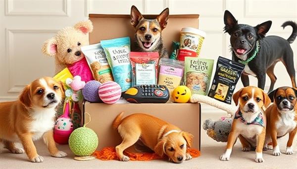 An assortment of colorful pet toys, gourmet pet treats, stylish pet accessories, and grooming products elegantly arranged in a pet-themed subscription box, surrounded by happy pets playing and exploring, showcasing the excitement and variety of the personalized pet subscription boxes.