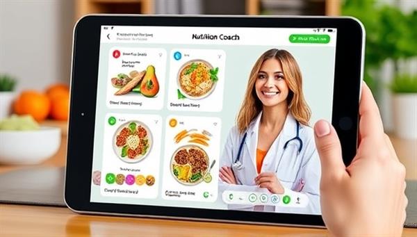 An interactive nutrition app displaying colorful meal plans and nutritional information, with a virtual nutrition coach providing guidance and support, highlighting the innovative telemedicine nutrition coaching services offered by NutriConnect Telecare.