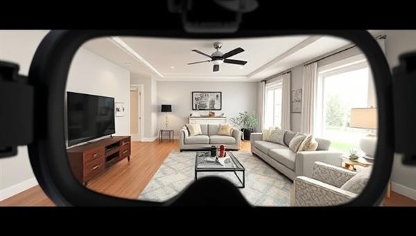 An immersive VR headset view of a beautifully designed virtual living room, complete with customizable furniture options, color schemes, and lighting effects, showcasing the innovative and interactive design experience offered by VirtuSpace Designs.