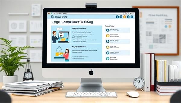 A computer screen displaying an interactive legal compliance training module with engaging visuals and quiz questions, surrounded by a professional training setup with legal compliance reference materials, conveying a dynamic and educational training environment.