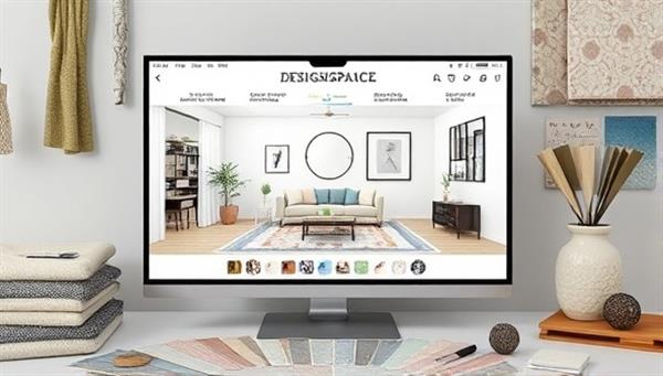 A virtual living room design concept displayed on a digital screen, surrounded by interior design tools, fabric swatches, and decor items, showcasing the creativity and expertise of DesignSpace in virtual interior design consultations.
