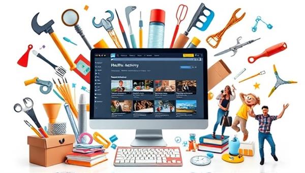 An artistic representation of a diverse array of hobby-related tools and materials floating around a computer screen displaying the HobbyHub Academy platform, with colorful video course thumbnails and enthusiastic learners, conveying a sense of creativity and learning excitement.