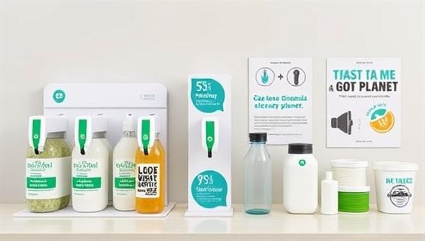 A modern refill station setup with sleek dispensers of eco-friendly cleaning products, reusable containers, and informational posters promoting sustainability and waste reduction, inviting customers to make conscious choices for a cleaner planet.