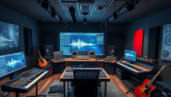 An immersive virtual music production studio environment with digital audio workstations, MIDI controllers, and studio equipment, where participants join a live music production workshop led by a professional producer, surrounded by creative tools and musical instruments, conveying a dynamic and collaborative music production experience.