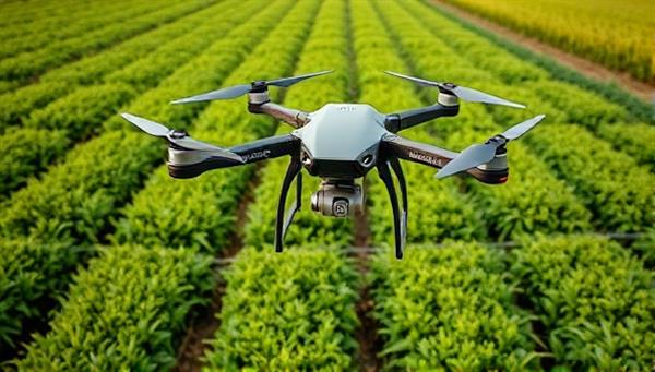 An agricultural landscape with a high-tech drone hovering over lush green fields, capturing detailed imagery for crop monitoring and analysis, showcasing the efficiency and innovation of agricultural drone services.