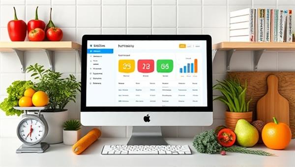 An appealing virtual kitchen setup with a computer displaying a nutrition dashboard, surrounded by fresh fruits and vegetables, recipe books, and a measuring scale, creating a vibrant and health-focused online consultancy atmosphere.