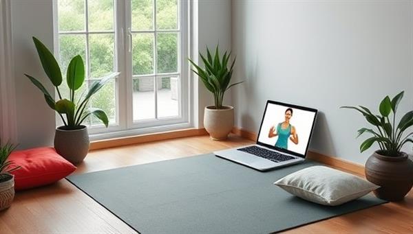 A virtual workspace with a tranquil wellness corner featuring a yoga mat, meditation cushions, plants, and a laptop displaying a virtual wellness session, creating a harmonious and productive remote work environment.