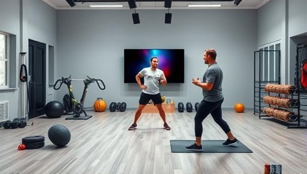 An energetic online fitness coaching session setup featuring a dynamic workout environment, fitness equipment, and a motivational coach leading a group workout session, inspiring participants to stay active, motivated, and engaged in their fitness goals in a virtual fitness studio.