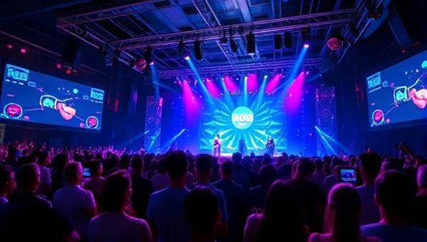 A virtual concert setting with a crowd of avatars enjoying a live performance on stage, complete with virtual light effects and interactive features, creating a futuristic and engaging music experience.