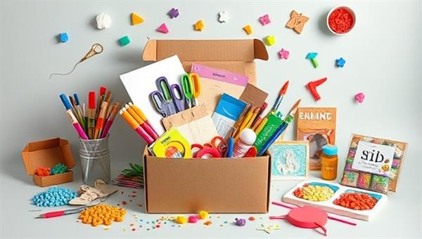 A vibrant visual of a variety of craft materials and tools spilling out of an open subscription box, accompanied by finished craft projects displayed around it, showcasing the creative potential and hands-on experience of the DIY craft subscription service.
