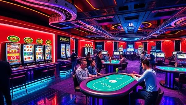 An immersive virtual reality scene of a futuristic casino lounge with digital slot machines, virtual poker tables, and animated avatars of players interacting and playing games, creating a dynamic and engaging atmosphere.