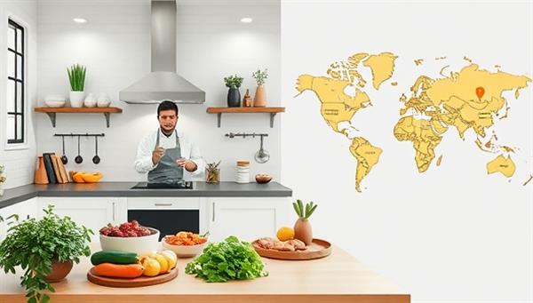 A digital kitchen setup with a chef conducting a virtual cooking class, participants following along from their own kitchens, ingredients beautifully displayed, and a world map showcasing culinary destinations, capturing the immersive and delectable experience of TasteTraverse Market.
