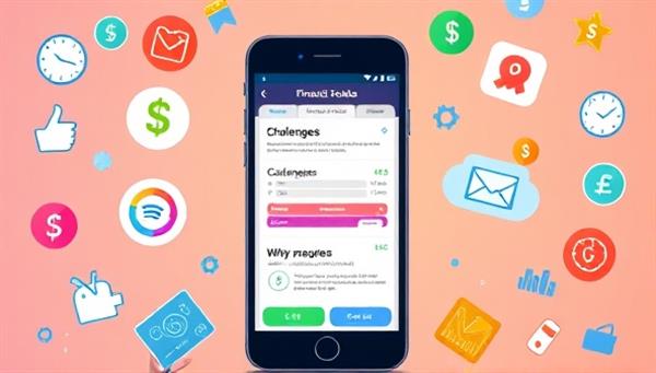 An interactive and colorful mobile app interface displaying financial challenges, progress trackers, and motivational messages, surrounded by icons representing budgeting, savings goals, and financial milestones, creating a vibrant and engaging user experience.