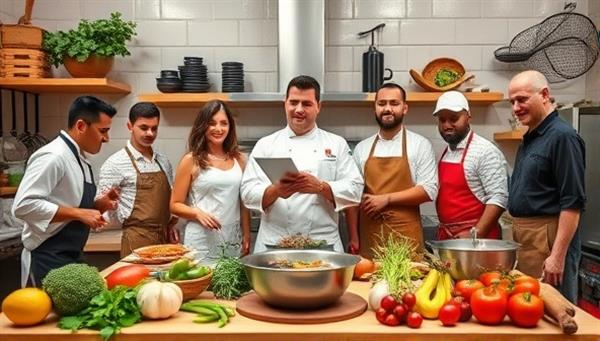 An international kitchen scene with chefs from different countries showcasing their cooking skills, surrounded by a variety of fresh ingredients and cooking utensils, capturing the multicultural and educational essence of the virtual cooking classes.