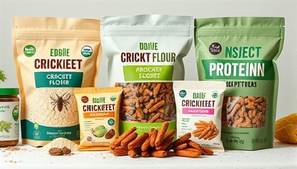 A visually appealing display of edible insect products, including cricket flour, insect protein bars, and roasted mealworm snacks, presented in a modern and eco-friendly packaging, highlighting the innovative and sustainable nature of insect-based foods.