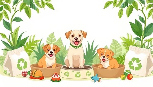 A charming illustration featuring happy pets surrounded by eco-friendly toys, bowls, and bedding, set against a backdrop of lush greenery and recyclable packaging, promoting a sustainable and pet-friendly lifestyle.