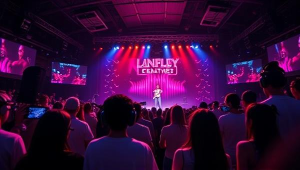 An immersive VR concert setting with a crowd of virtual avatars enjoying a live performance on stage, surrounded by vibrant visuals and dynamic lighting effects, capturing the essence of a live music event in a virtual world.