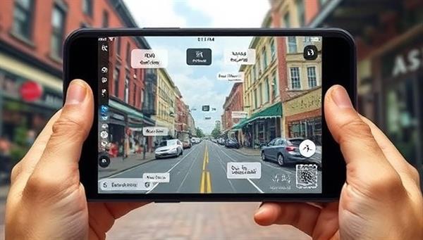 An AR view on a smartphone screen showing a user exploring a local neighborhood with digital overlays highlighting nearby businesses, landmarks, and special promotions, blending the real world with virtual information in a seamless and engaging way, illustrating the immersive nature of the AR maps concept.