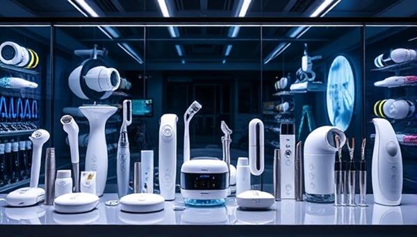 A sleek and modern display of various beauty tech gadgets neatly arranged in a high-tech environment, showcasing innovative devices, tools, and gadgets for skincare, hair care, and wellness, creating a futuristic and tech-savvy beauty experience.