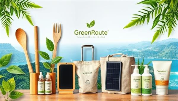 An artistic collage of eco-friendly travel elements, including bamboo travel utensils, reusable tote bags, solar-powered chargers, and biodegradable toiletries, arranged against a backdrop of lush green landscapes and clean oceans, symbolizing the essence of responsible and sustainable travel promoted by GreenRoute.