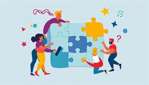 An artistic representation of diverse freelancers merging their skills and services into a cohesive puzzle, symbolizing the collaborative and synergistic nature of SkillFusion Hub
