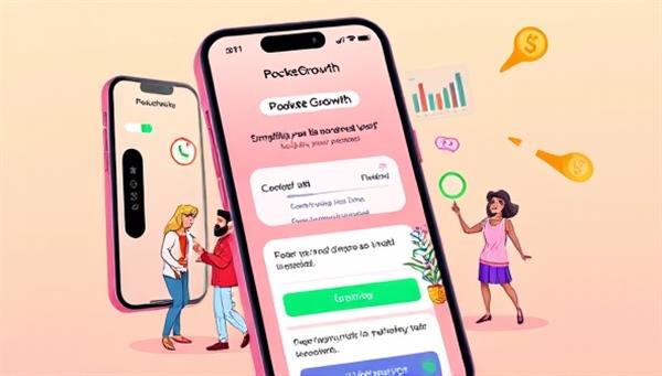 An animated smartphone screen displaying the PocketGrowth app interface with vibrant colors, engaging graphics, and animated characters showcasing the simplicity and fun of micro-investing for Gen Z users.