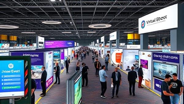 An immersive virtual event environment featuring a bustling digital job fair with interactive booths, networking lounges, and live chat options, showcasing the dynamic and engaging experience of virtual recruitment events.