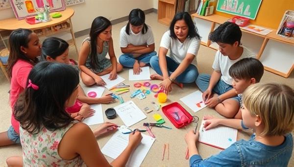 A group of diverse participants sitting in a circle, surrounded by colorful art supplies and writing materials, actively engaged in a collaborative storytelling activity, capturing the essence of creativity and teamwork.