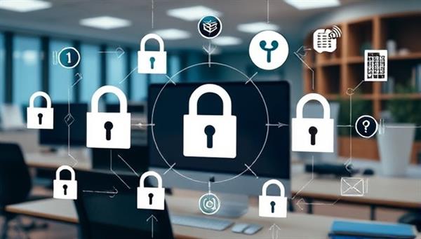 An office scene with digital security elements like padlocks, encryption symbols, and data protection icons overlaid on a computer screen, representing the focus on data privacy and compliance at SecureData Solutions.