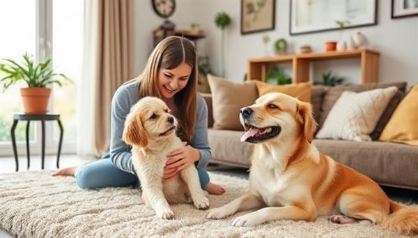 A cozy living room setting with a happy pet and owner engaging in a wellness activity, such as pet massage or outdoor play, exuding a sense of joy, harmony, and well-being that epitomizes the holistic pet wellness approach offered by the consultancy.